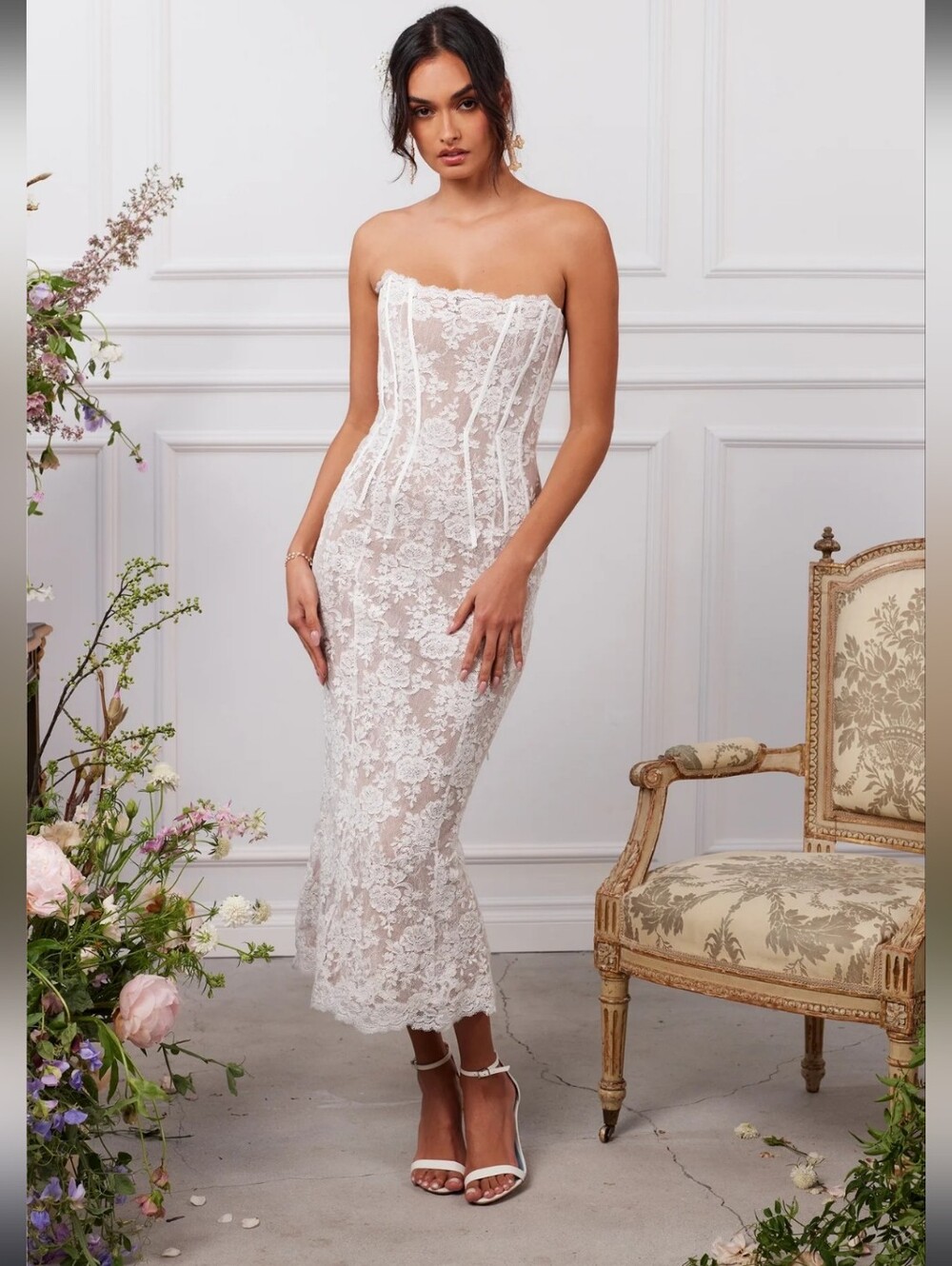 V. Chapman Strapless White Lace Midi Capulet Dress with Corset Bodice